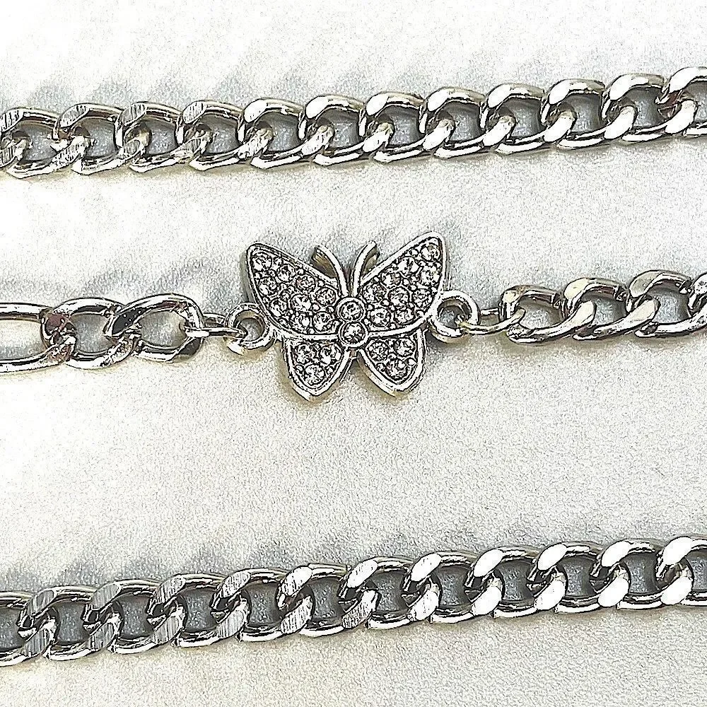 3 Piece Set - Butterfly 🦋 on Silver l Rhinestone adorned l 3 chain Set l New